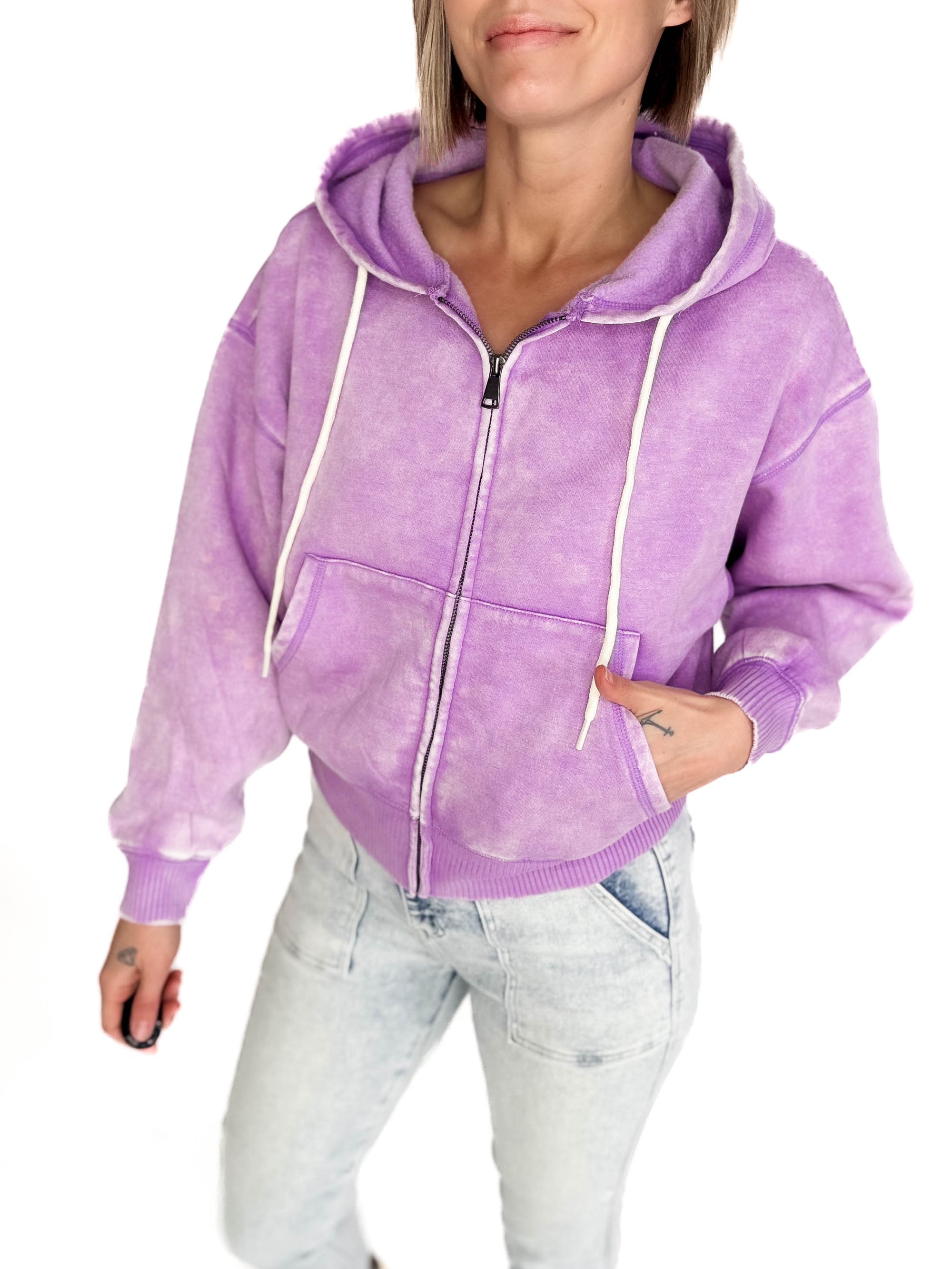 Zaylie Washed Waist Length Full Zip- LAVENDER