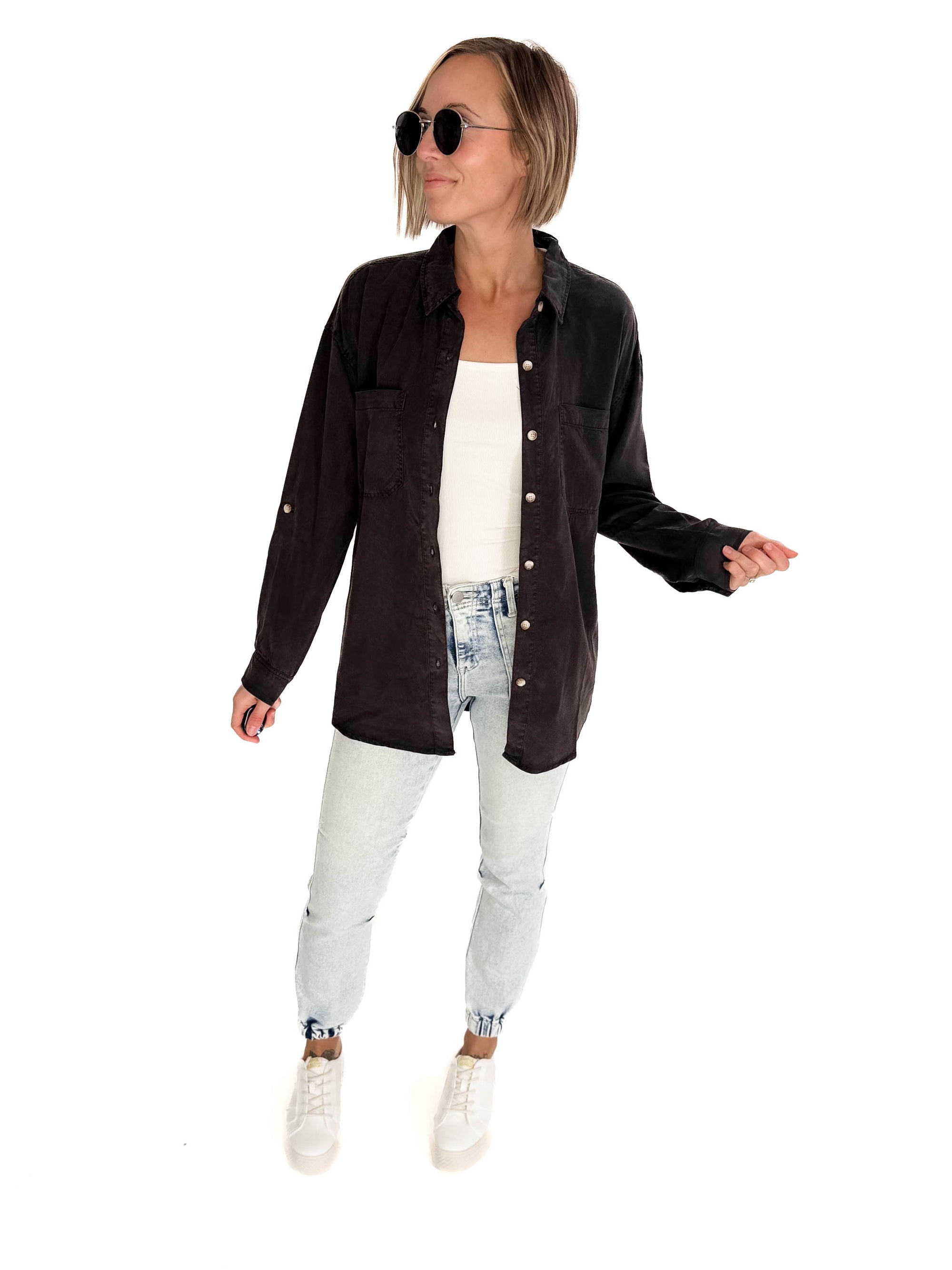 Astrid Soft Washed Tencel Button Shirt- CHARCOAL