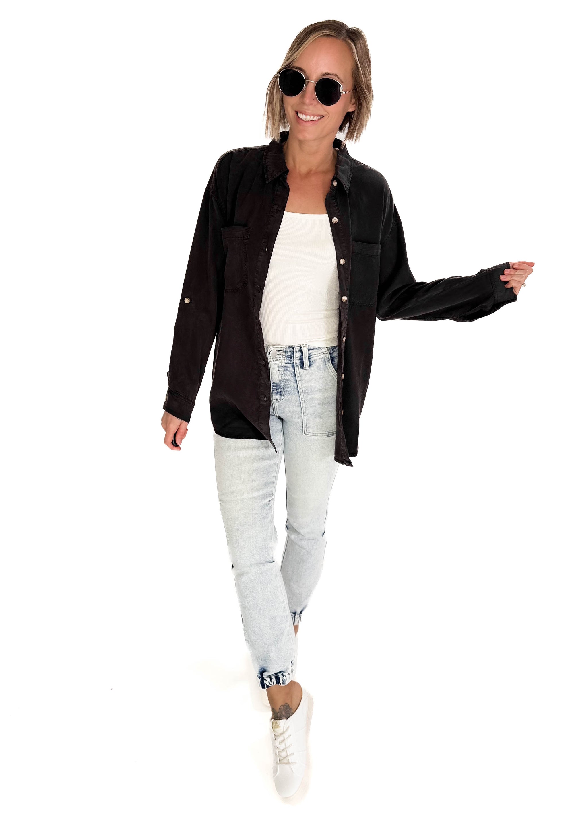 Astrid Soft Washed Tencel Button Shirt- CHARCOAL