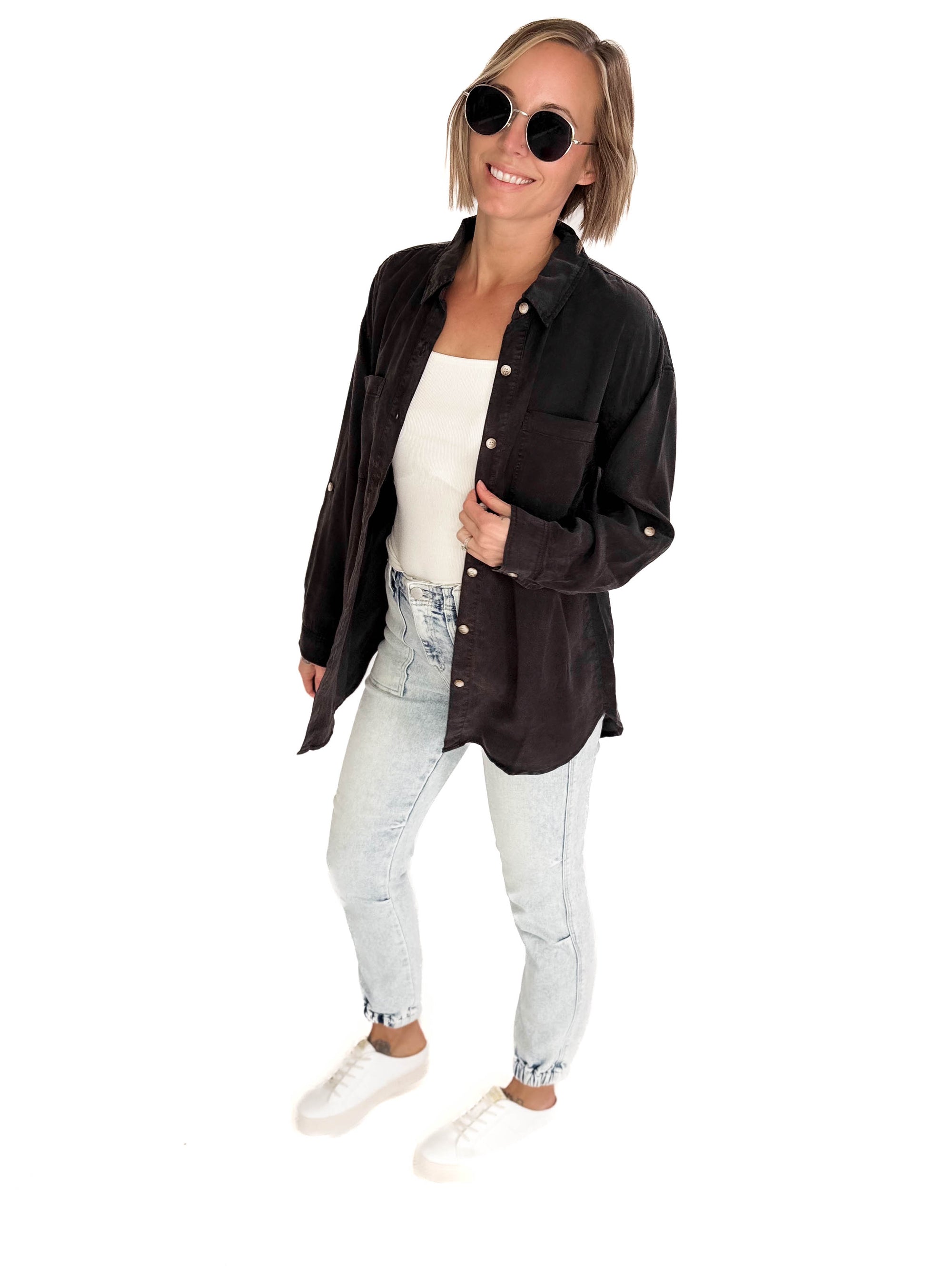 Astrid Soft Washed Tencel Button Shirt- CHARCOAL