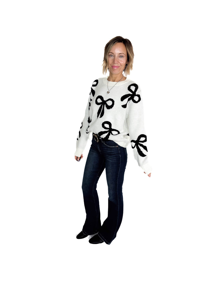 Holiday Bows Knit Sweater- CREAM
