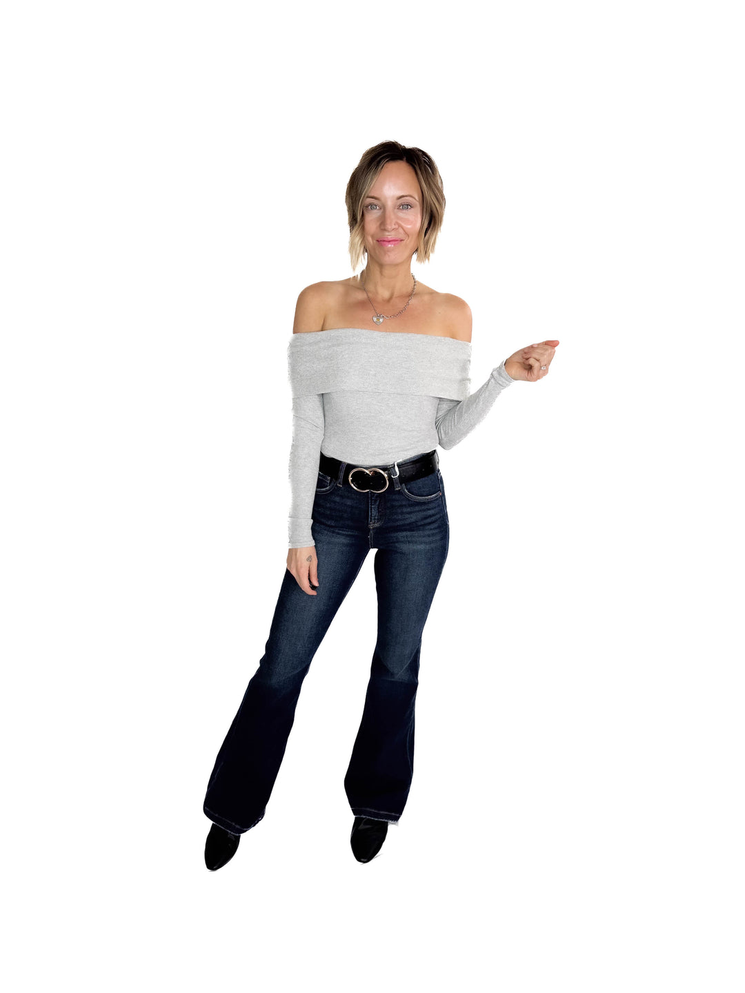 Cleo Off Shoulder Long Sleeve Bodysuit- HTHR GREY