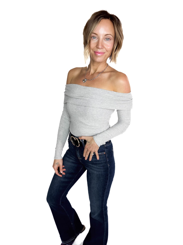 Cleo Off Shoulder Long Sleeve Bodysuit- HTHR GREY