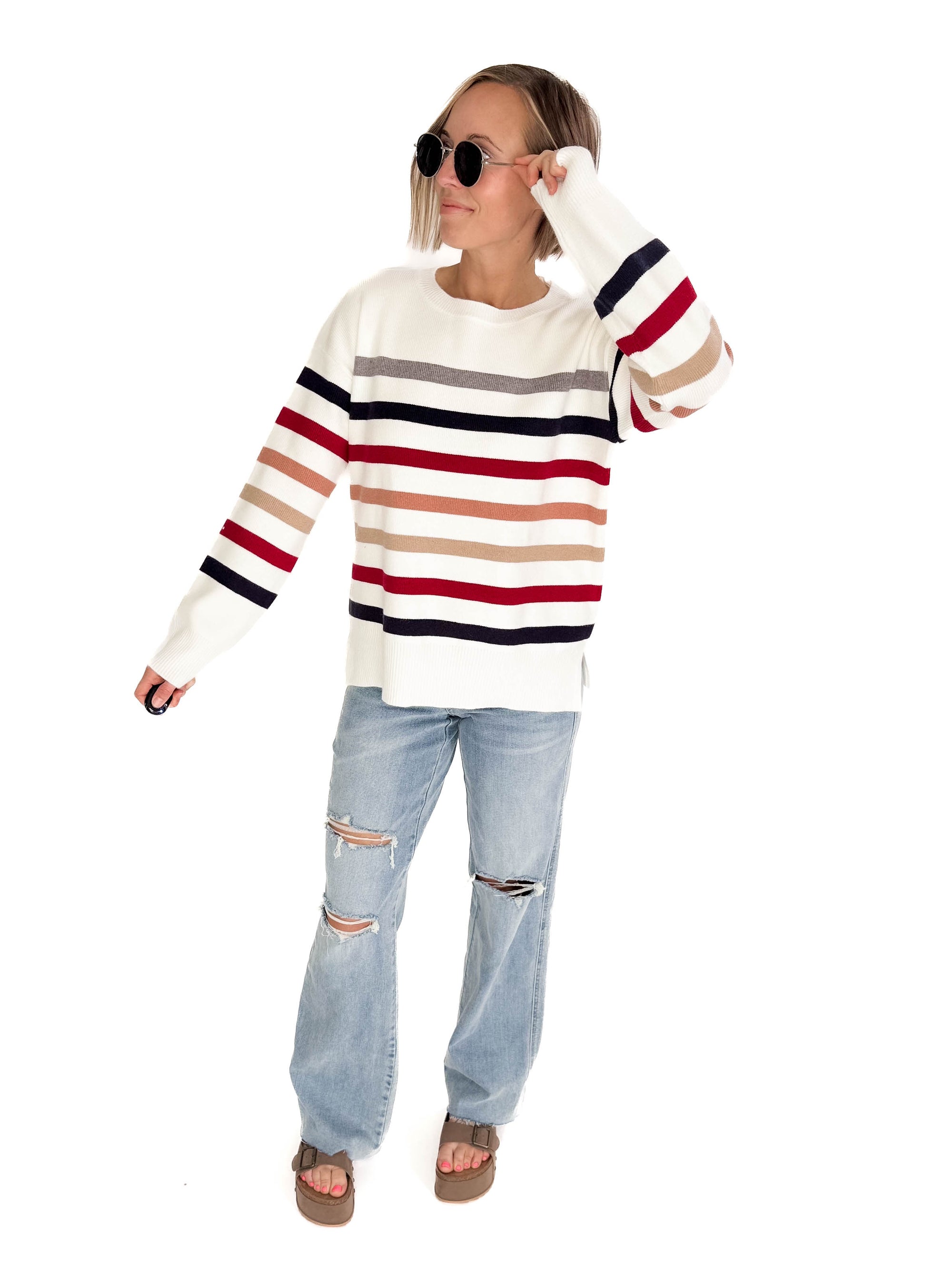 Stormi Crew Neck Stripe Sweater- WHITE/NAVY/RED