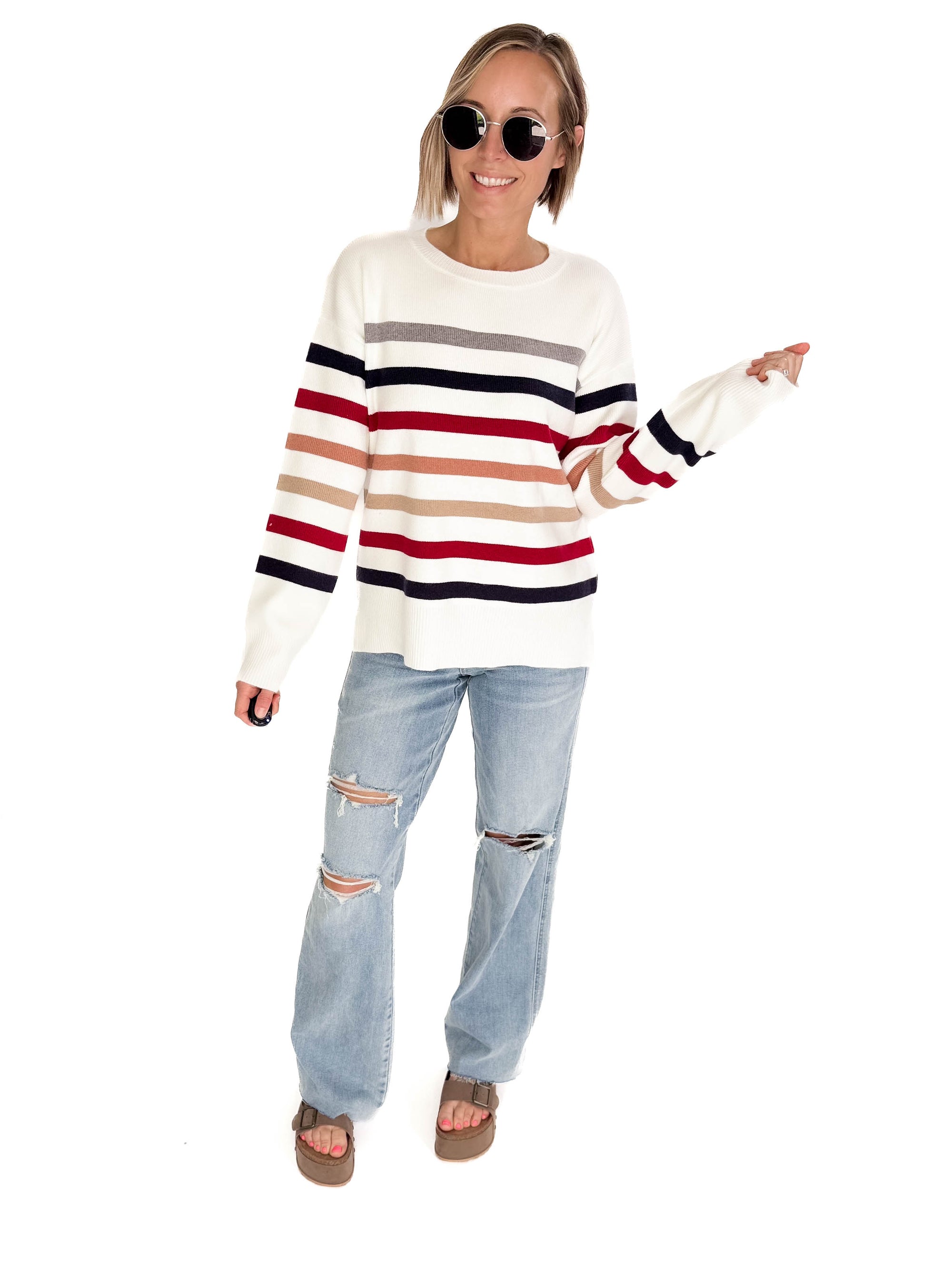 Stormi Crew Neck Stripe Sweater- WHITE/NAVY/RED