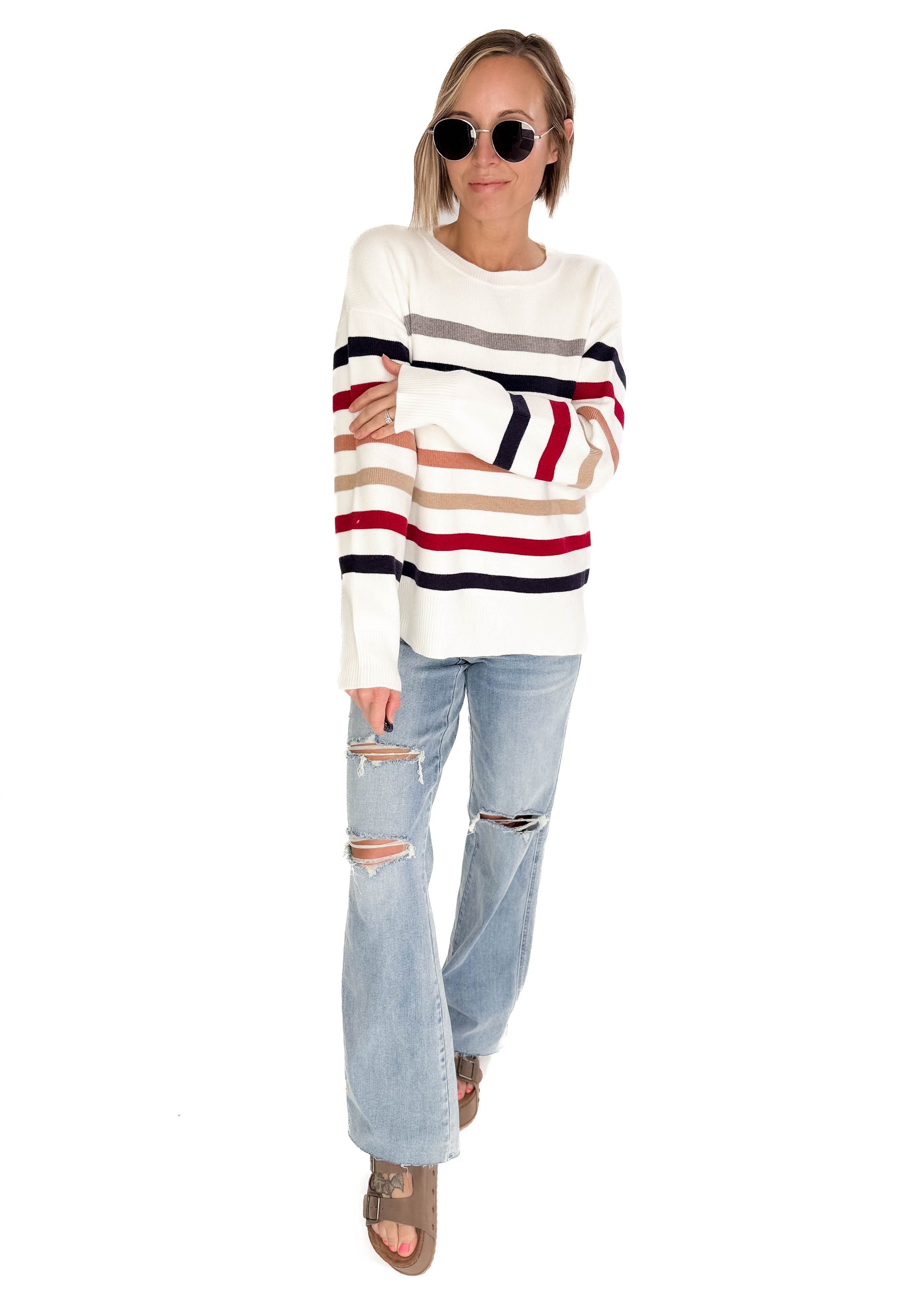 Stormi Crew Neck Stripe Sweater- WHITE/NAVY/RED