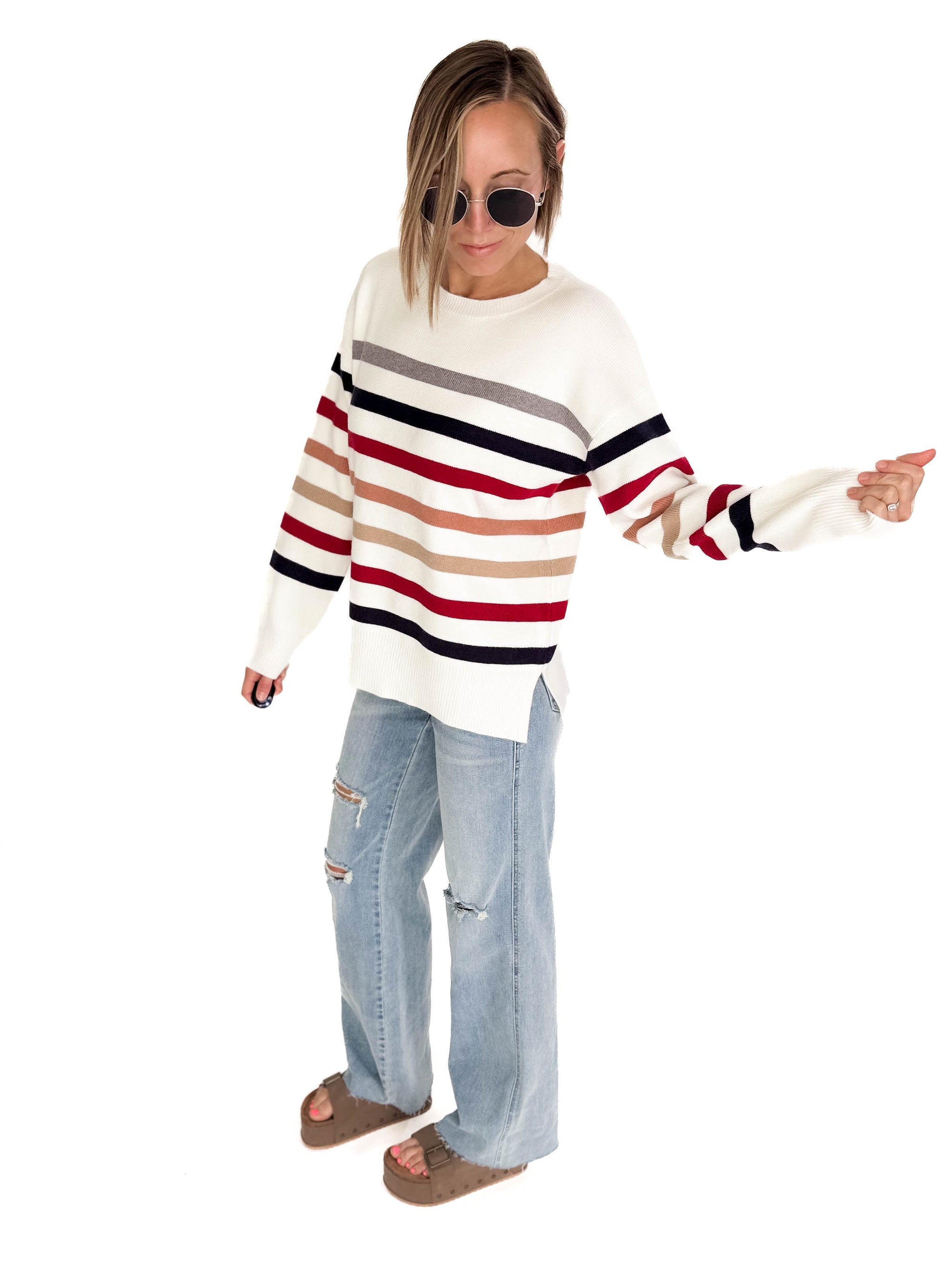 Stormi Crew Neck Stripe Sweater- WHITE/NAVY/RED