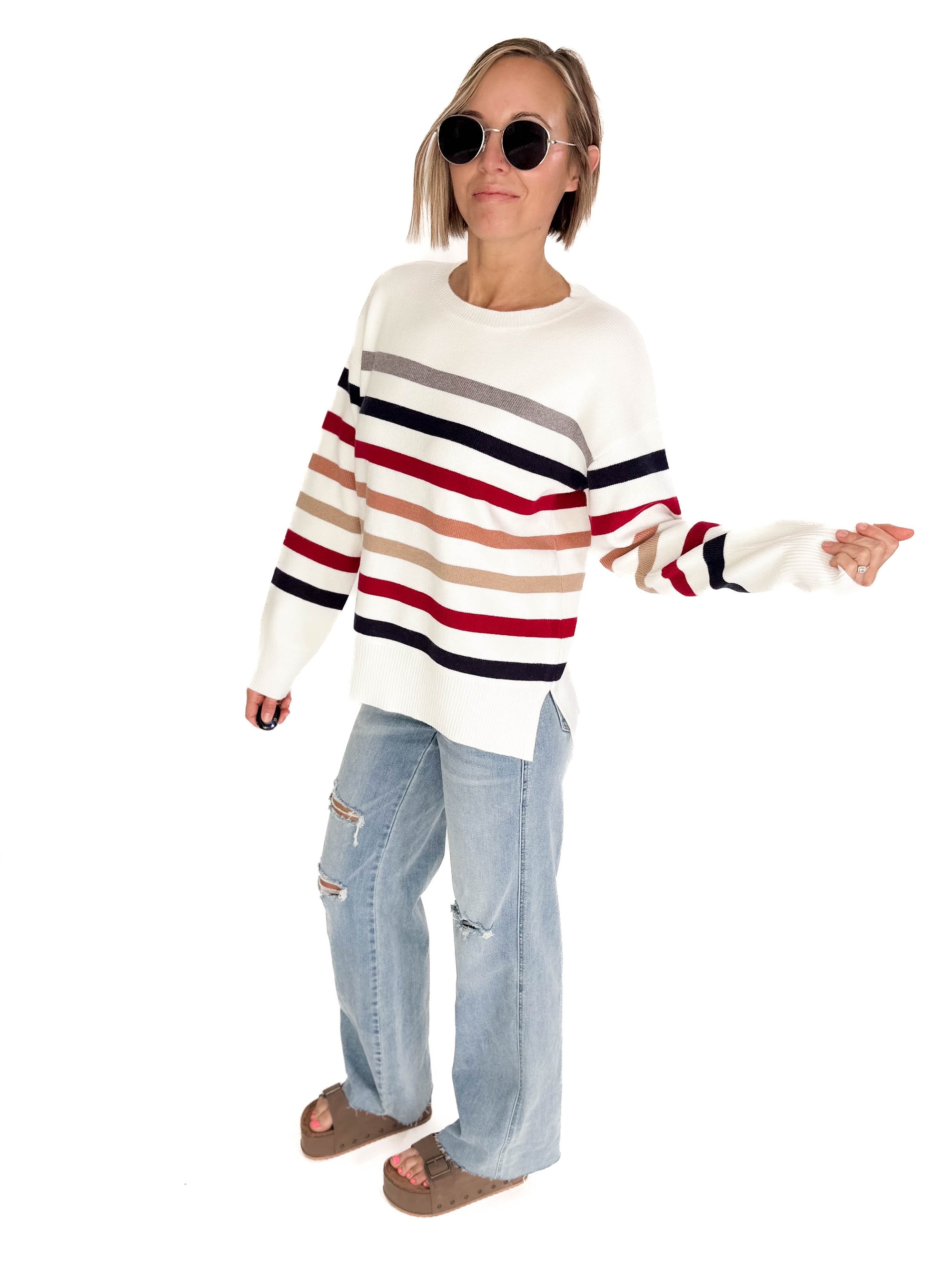 Stormi Crew Neck Stripe Sweater- WHITE/NAVY/RED
