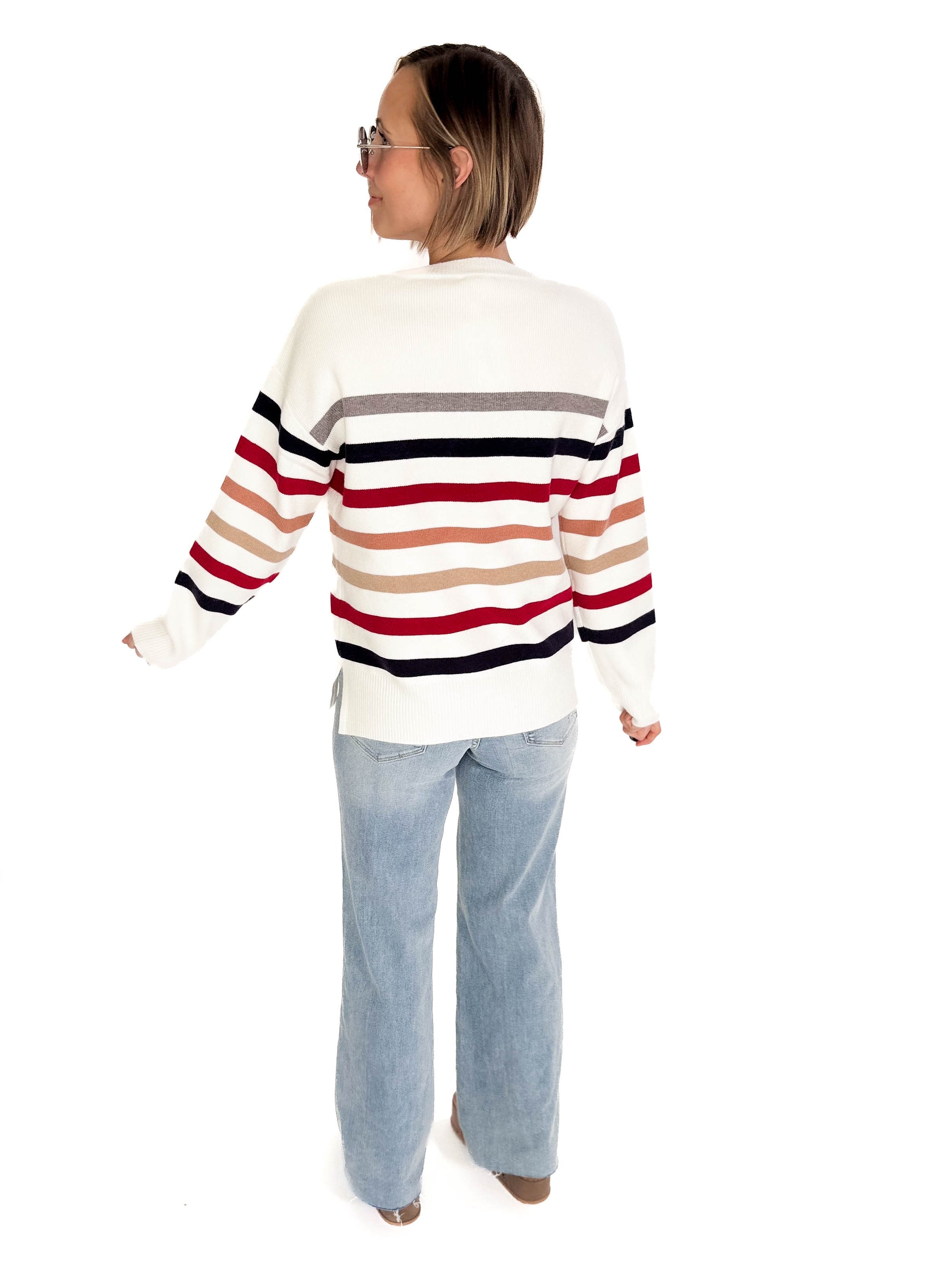 Stormi Crew Neck Stripe Sweater- WHITE/NAVY/RED