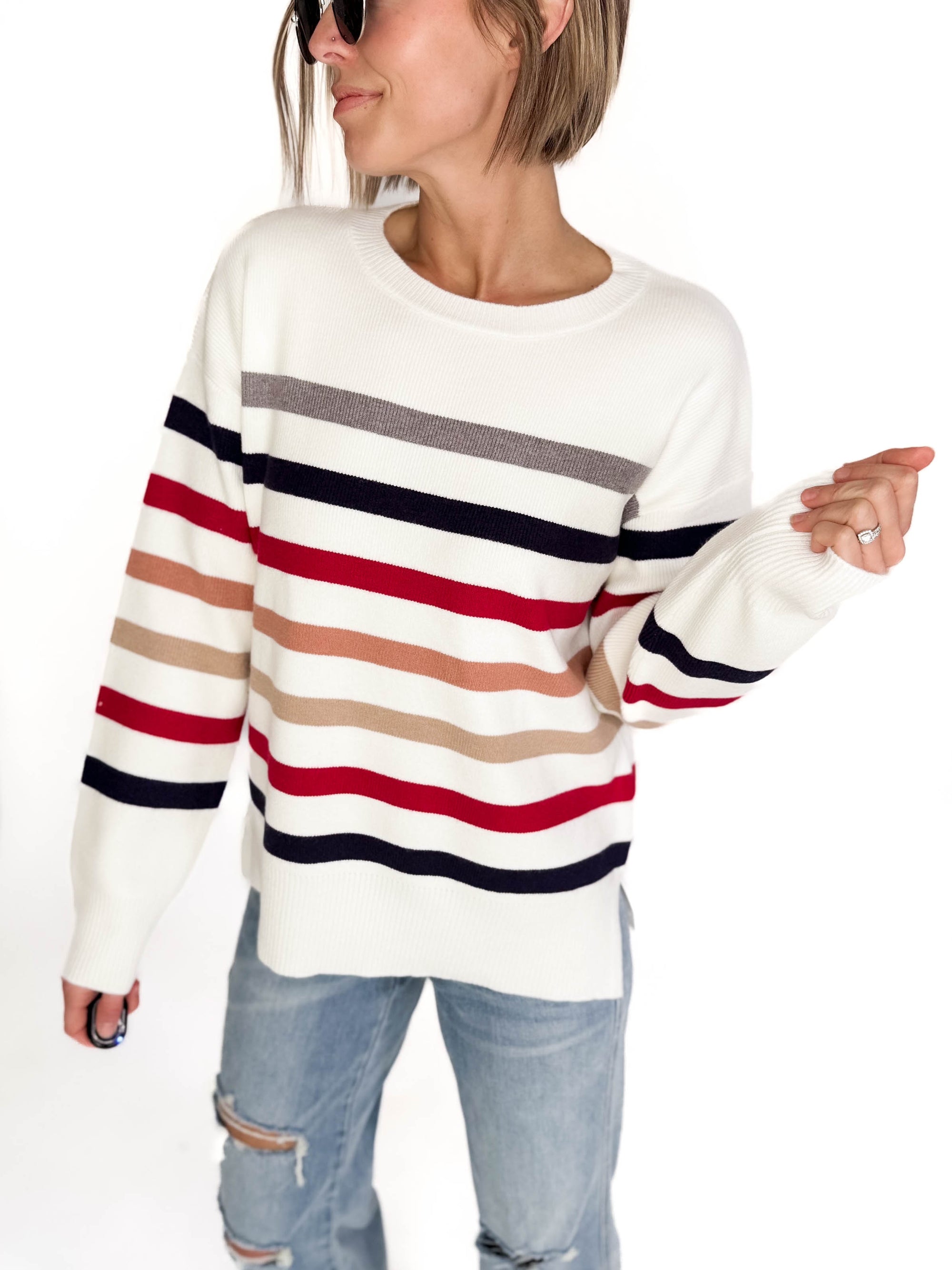 Stormi Crew Neck Stripe Sweater- WHITE/NAVY/RED