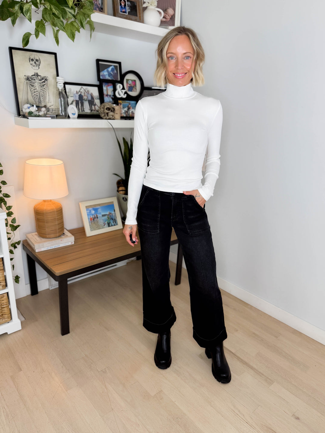 MONO B Linley Ribbed Mock Neck- WHITE
