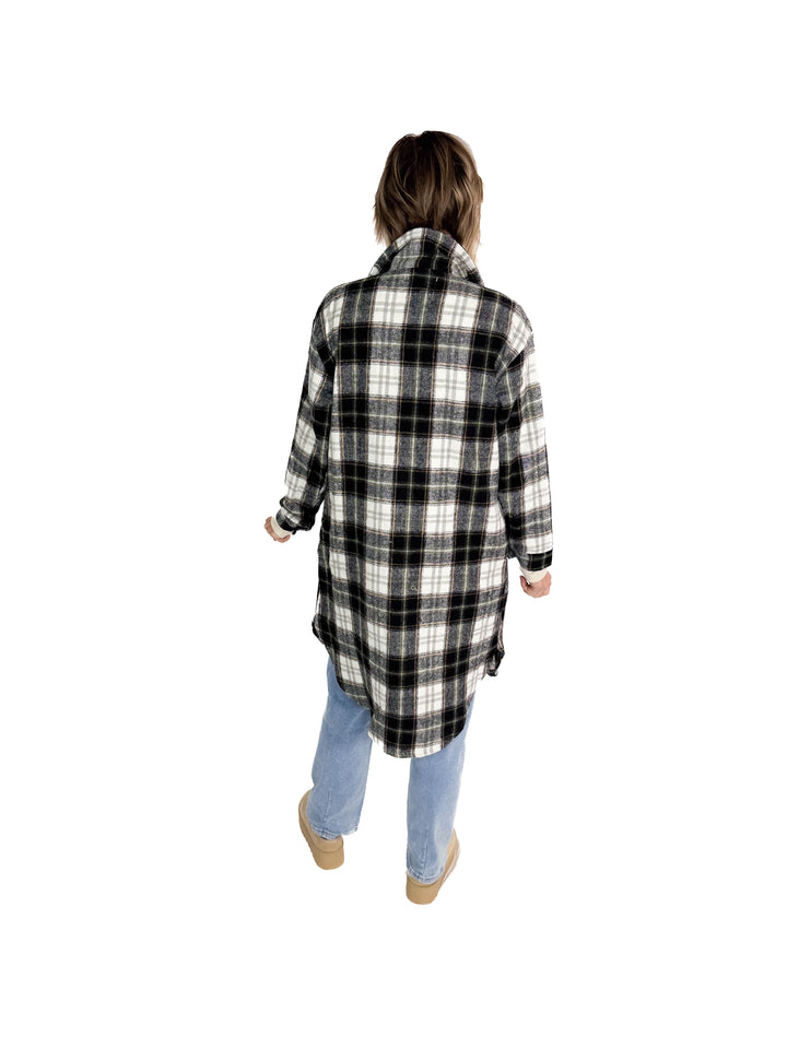 Out West Plaid Flannel Shacket- BLACK MUTLI
