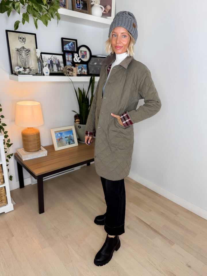 Hadley Quilted Long Jacket- OLIVE