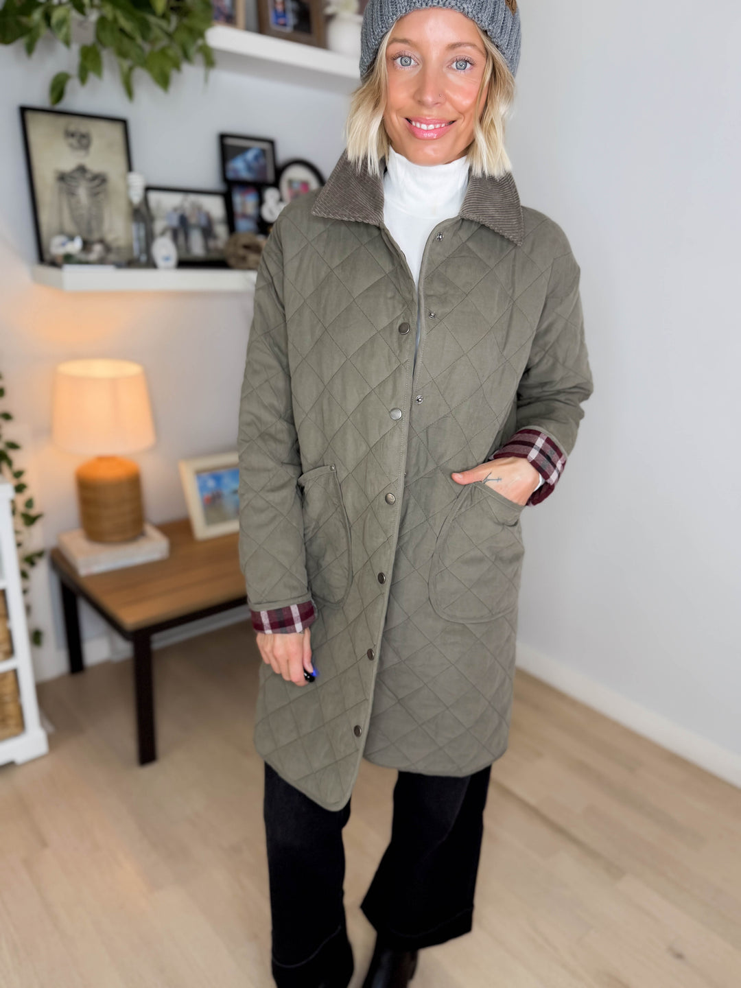 Hadley Quilted Long Jacket- OLIVE