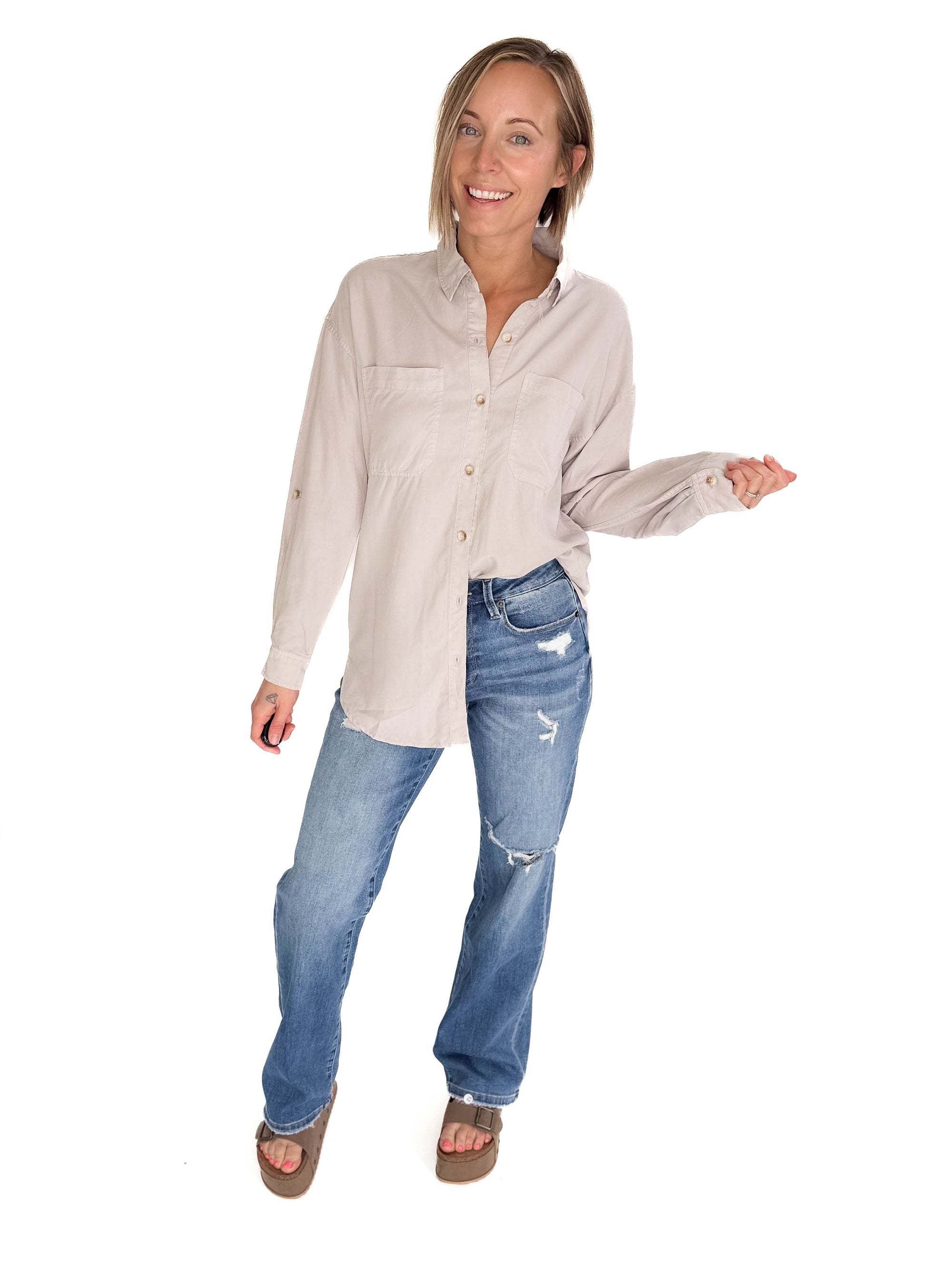 Astrid Soft Washed Tencel Button Shirt- STONE GREY