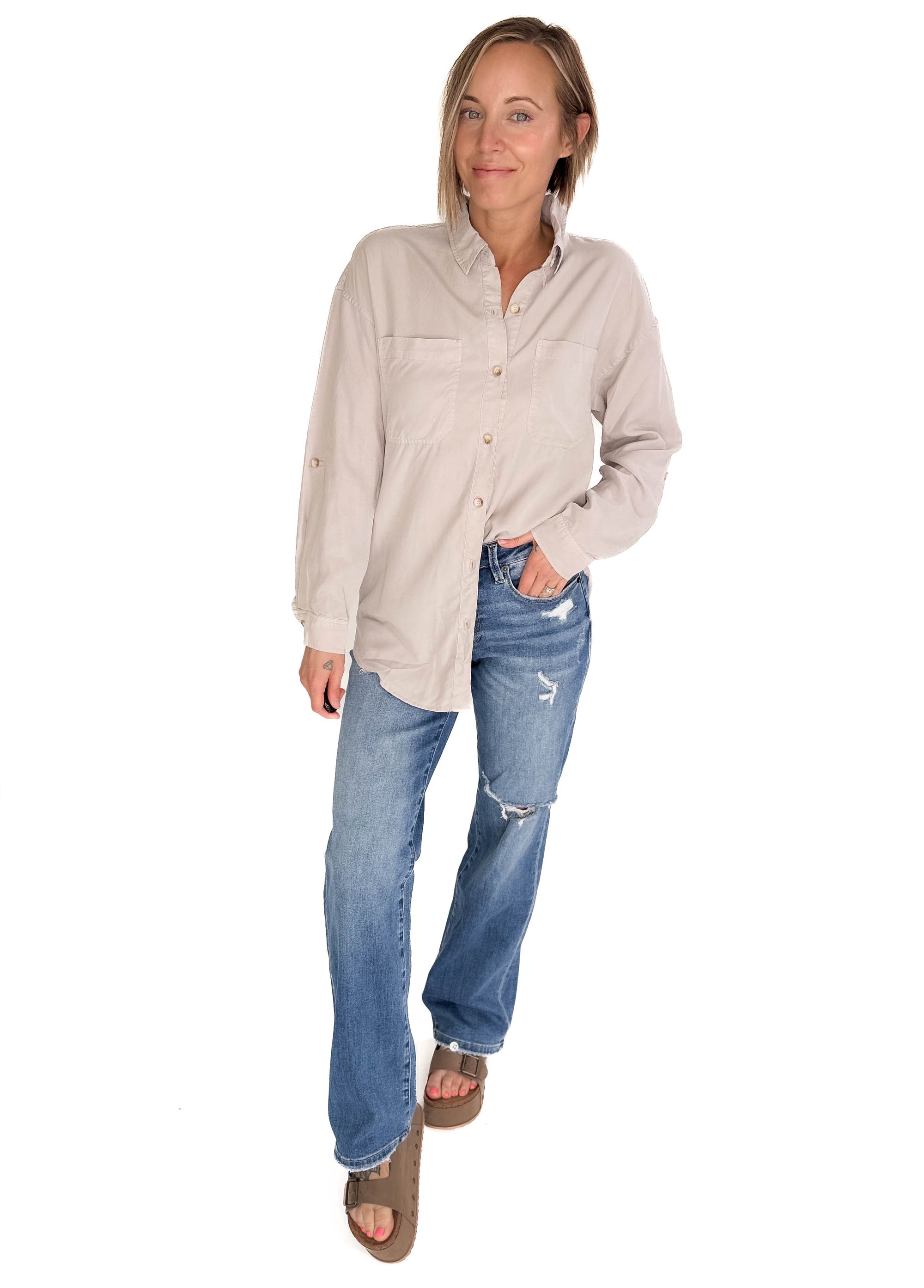 Astrid Soft Washed Tencel Button Shirt- STONE GREY