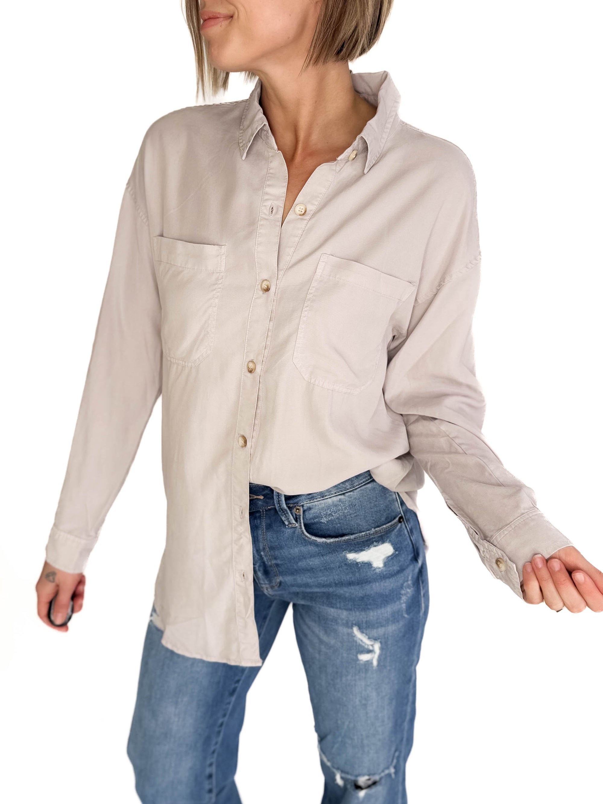 Astrid Soft Washed Tencel Button Shirt- STONE GREY