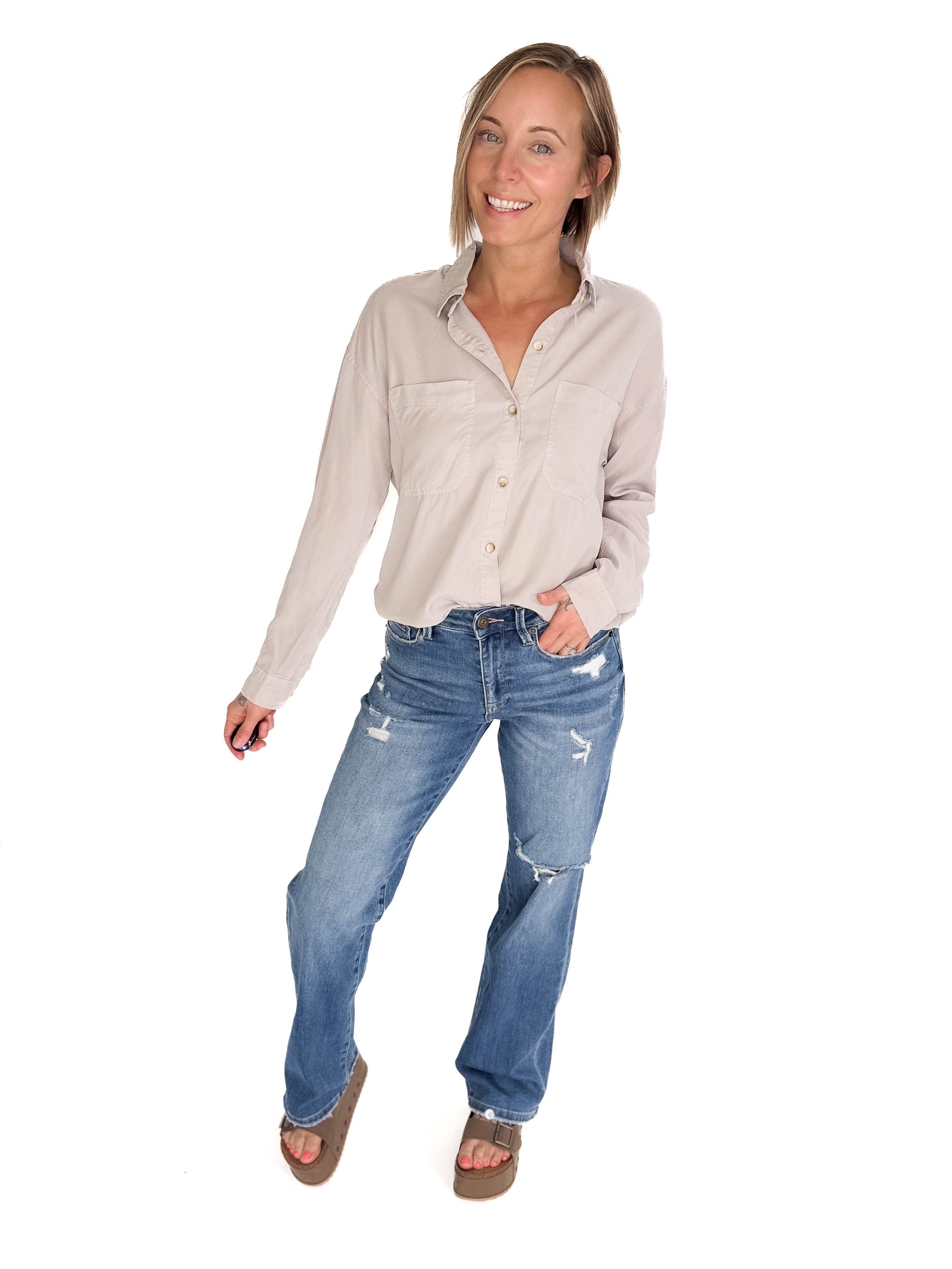 Astrid Soft Washed Tencel Button Shirt- STONE GREY