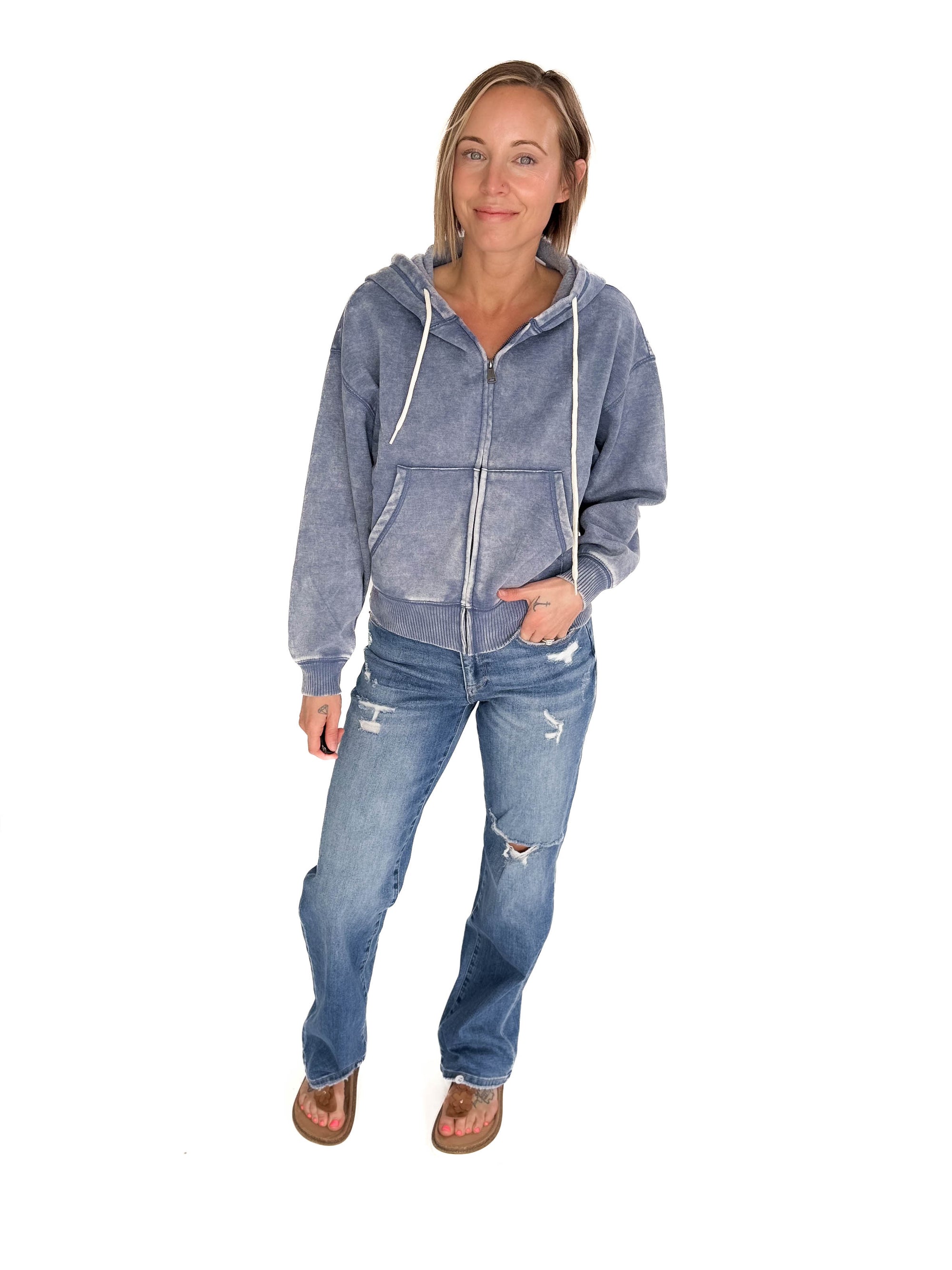 Zaylie Washed Waist Length Full Zip- DUSTY BLUE