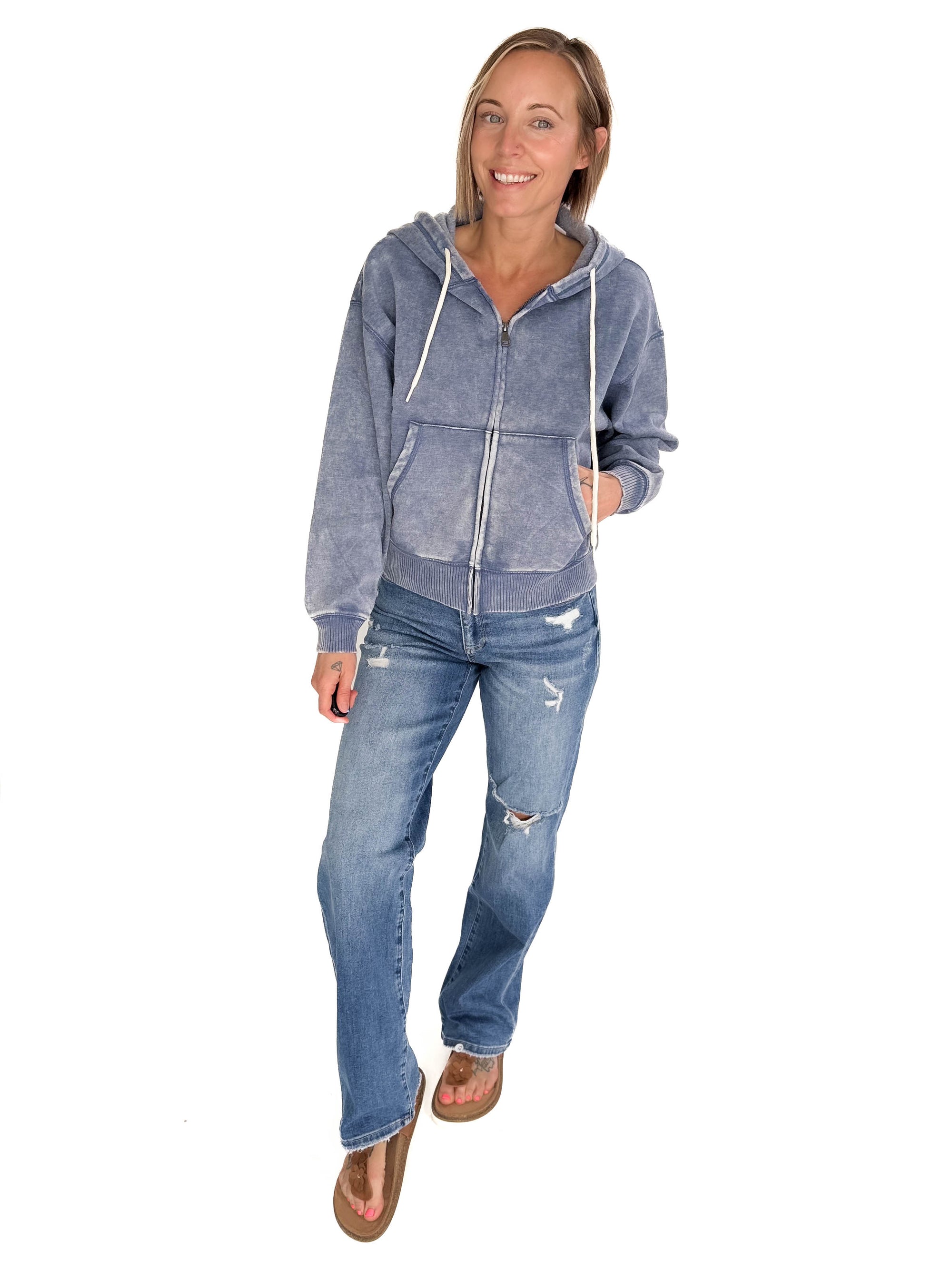 Zaylie Washed Waist Length Full Zip- DUSTY BLUE