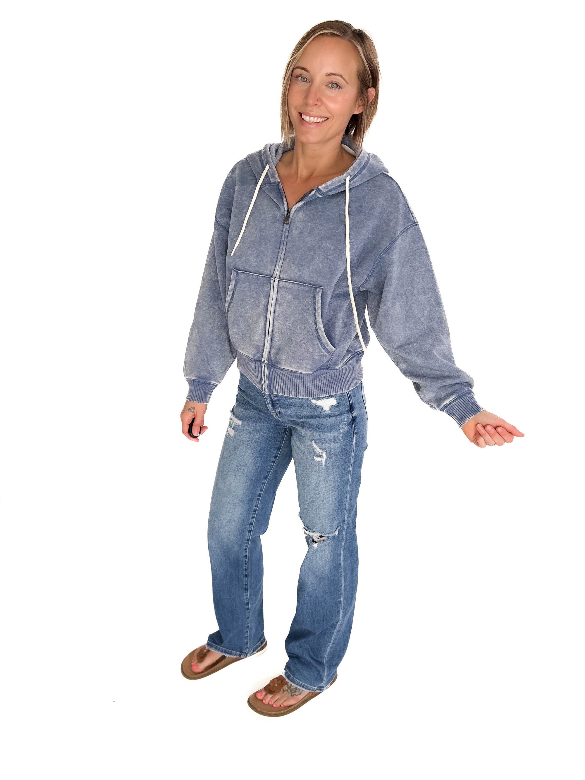 Zaylie Washed Waist Length Full Zip- DUSTY BLUE