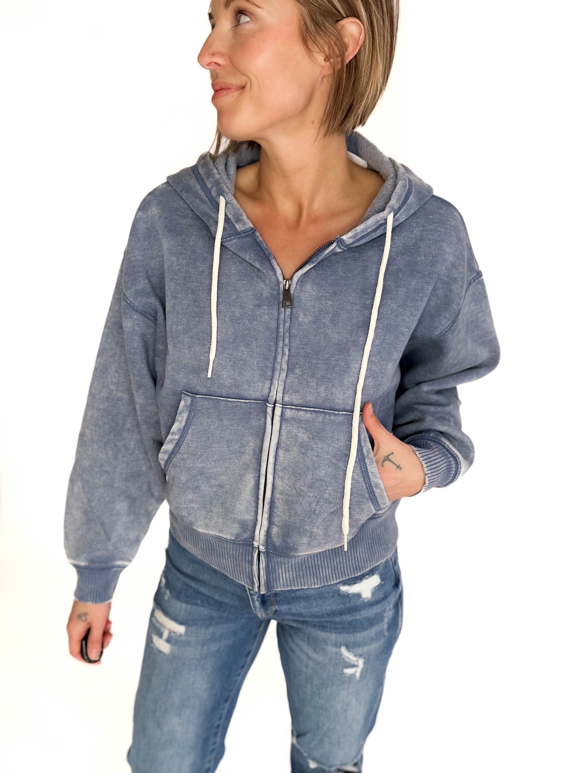 Zaylie Washed Waist Length Full Zip- DUSTY BLUE