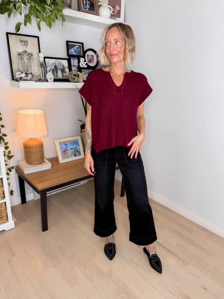 Larkin Split-Neck Sleeveless Knit Top- WINE