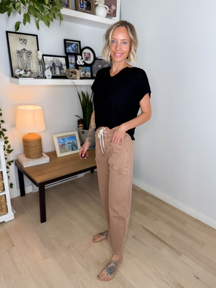 Vervet Maris High Rise Drawstring Barrel Jeans- WARM TAUPE
