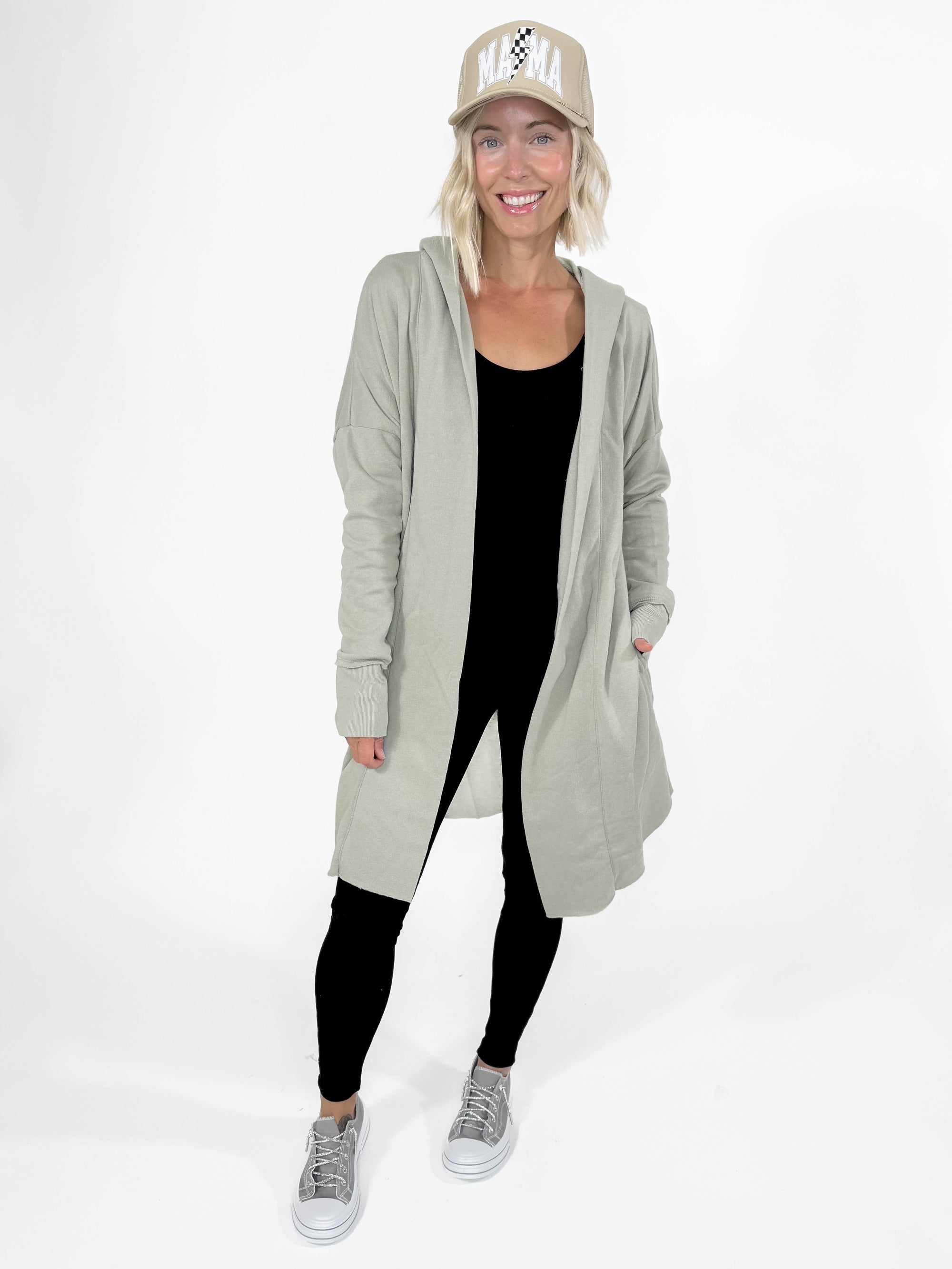 MONO B Whistler Longline Hoodie Cardigan- KHAKI SAGE GREEN