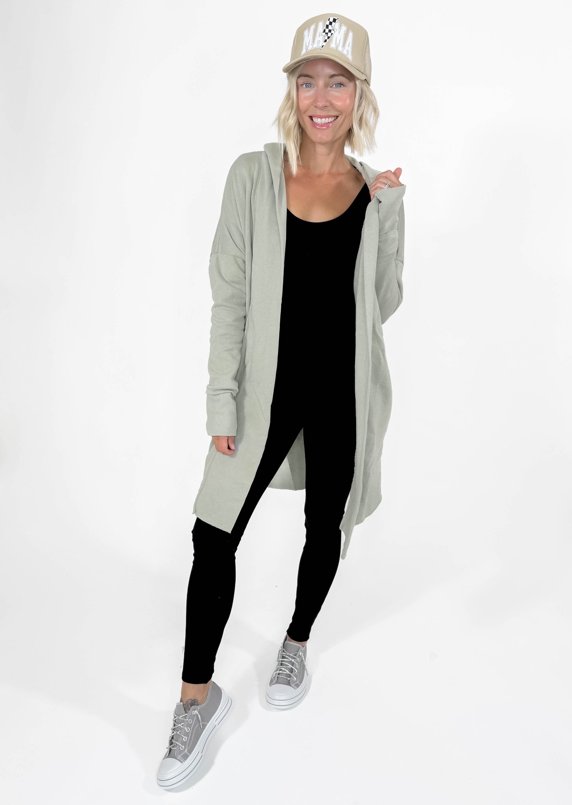 MONO B Whistler Longline Hoodie Cardigan- KHAKI SAGE GREEN