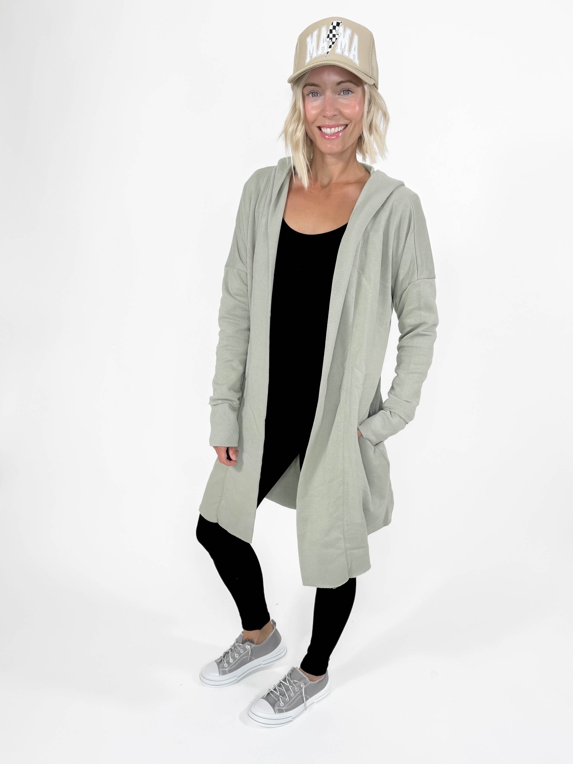 MONO B Whistler Longline Hoodie Cardigan- KHAKI SAGE GREEN