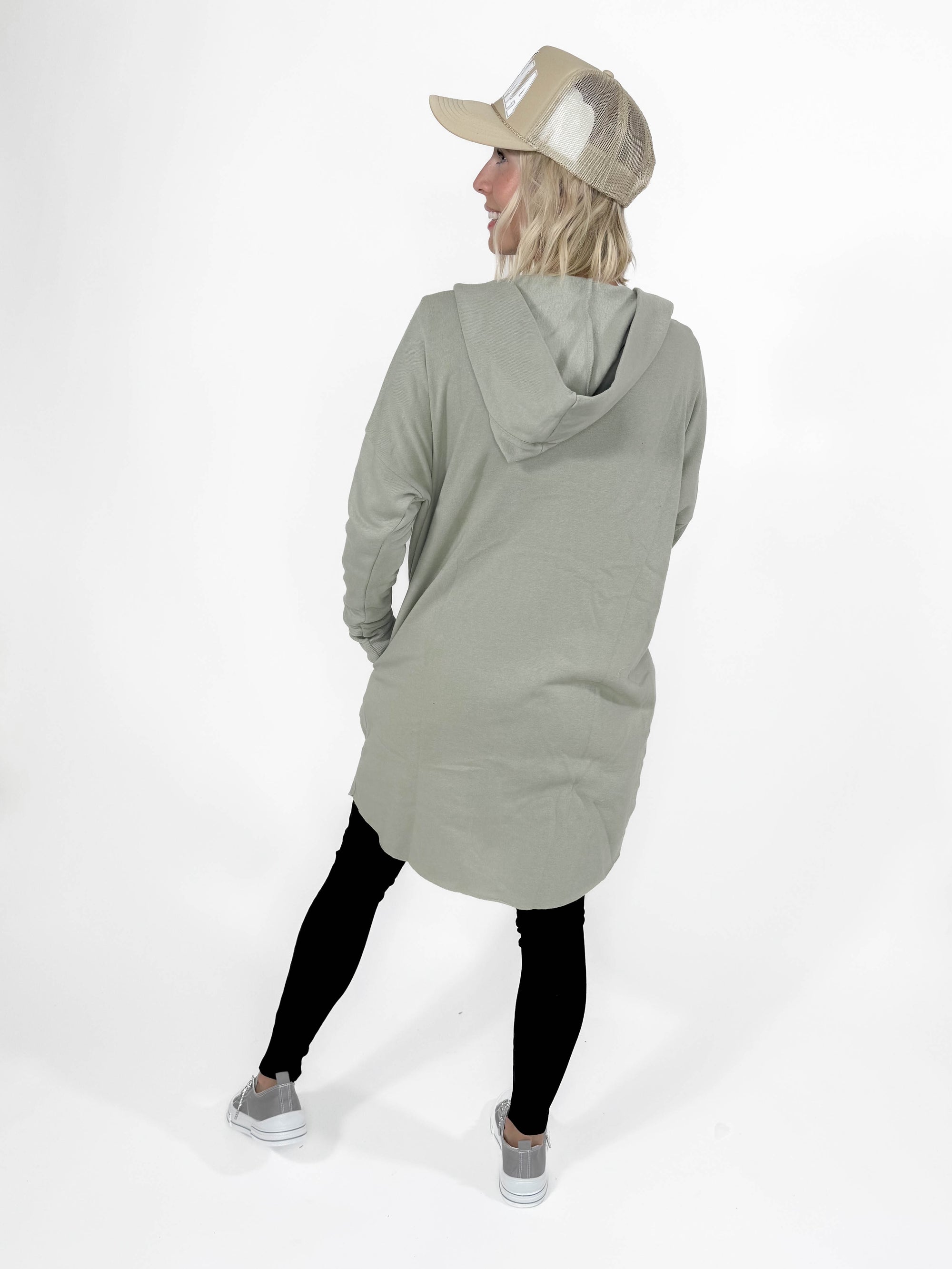 MONO B Whistler Longline Hoodie Cardigan- KHAKI SAGE GREEN