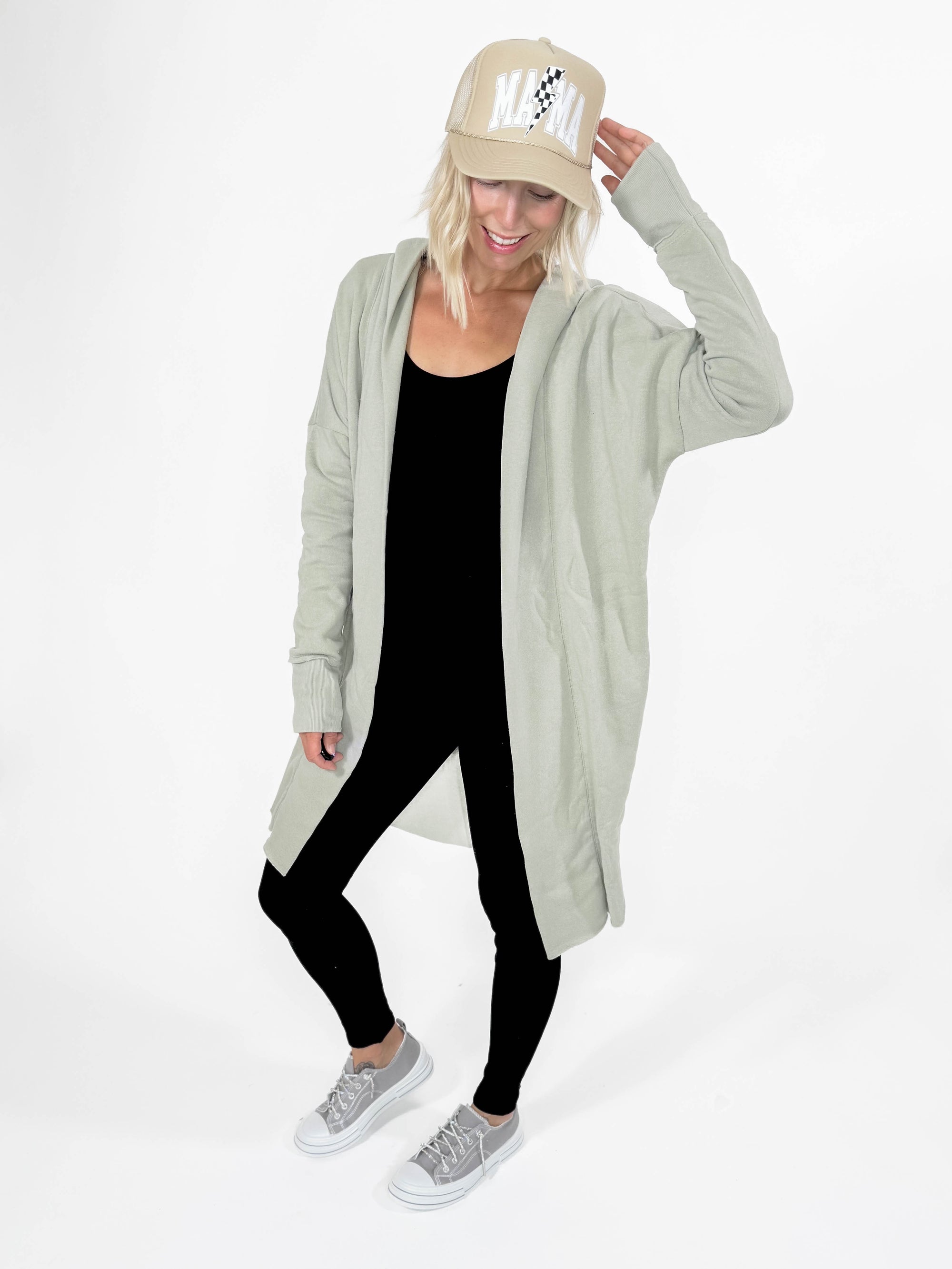 MONO B Whistler Longline Hoodie Cardigan- KHAKI SAGE GREEN