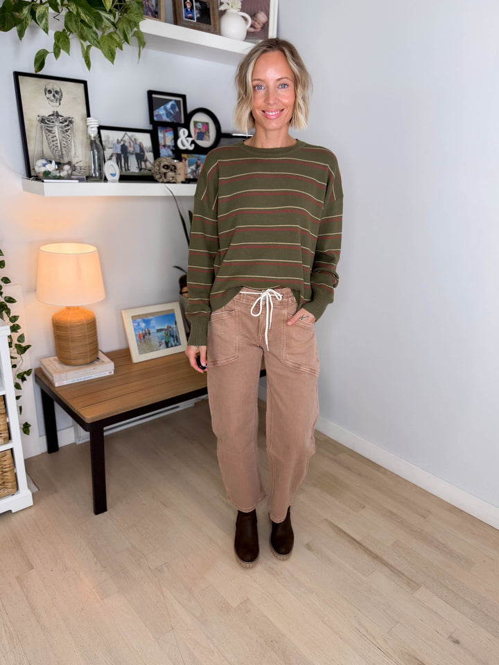 Illa Boxy Cut Striped Drop Shoulder Sweater- OLIVE