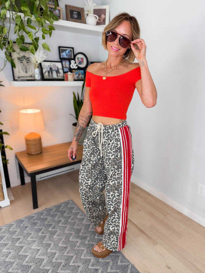Coraline Heavy Cotton Drawstring Pant- LEOPARD/RED