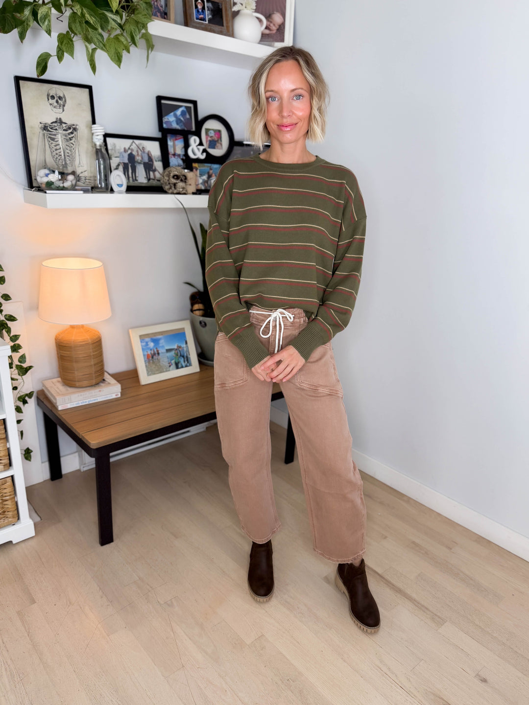 Illa Boxy Cut Striped Drop Shoulder Sweater- OLIVE