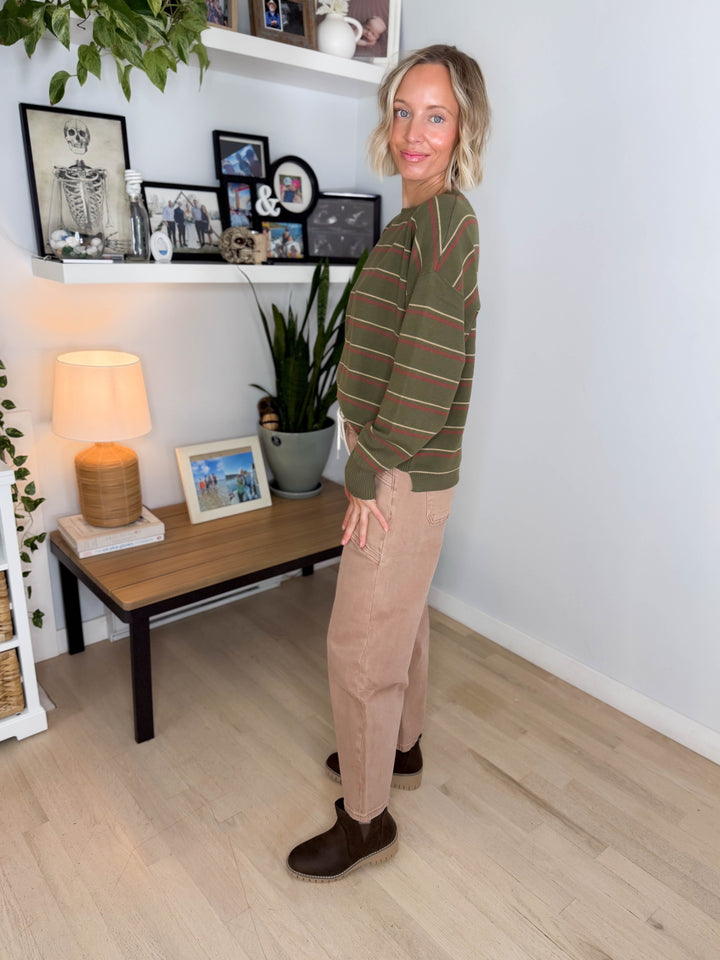Illa Boxy Cut Striped Drop Shoulder Sweater- OLIVE