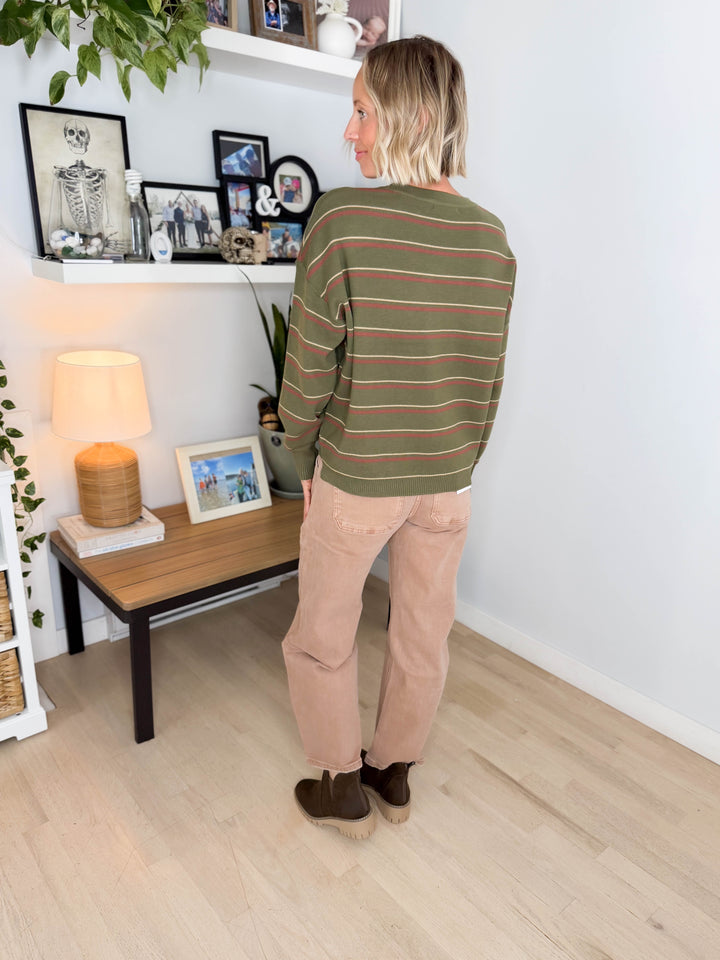 Illa Boxy Cut Striped Drop Shoulder Sweater- OLIVE