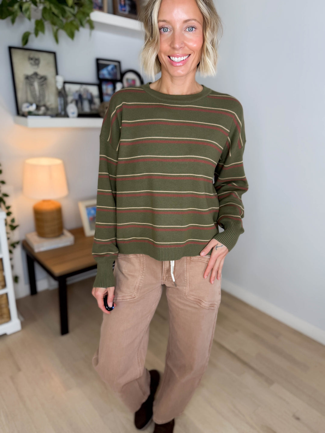 Illa Boxy Cut Striped Drop Shoulder Sweater- OLIVE