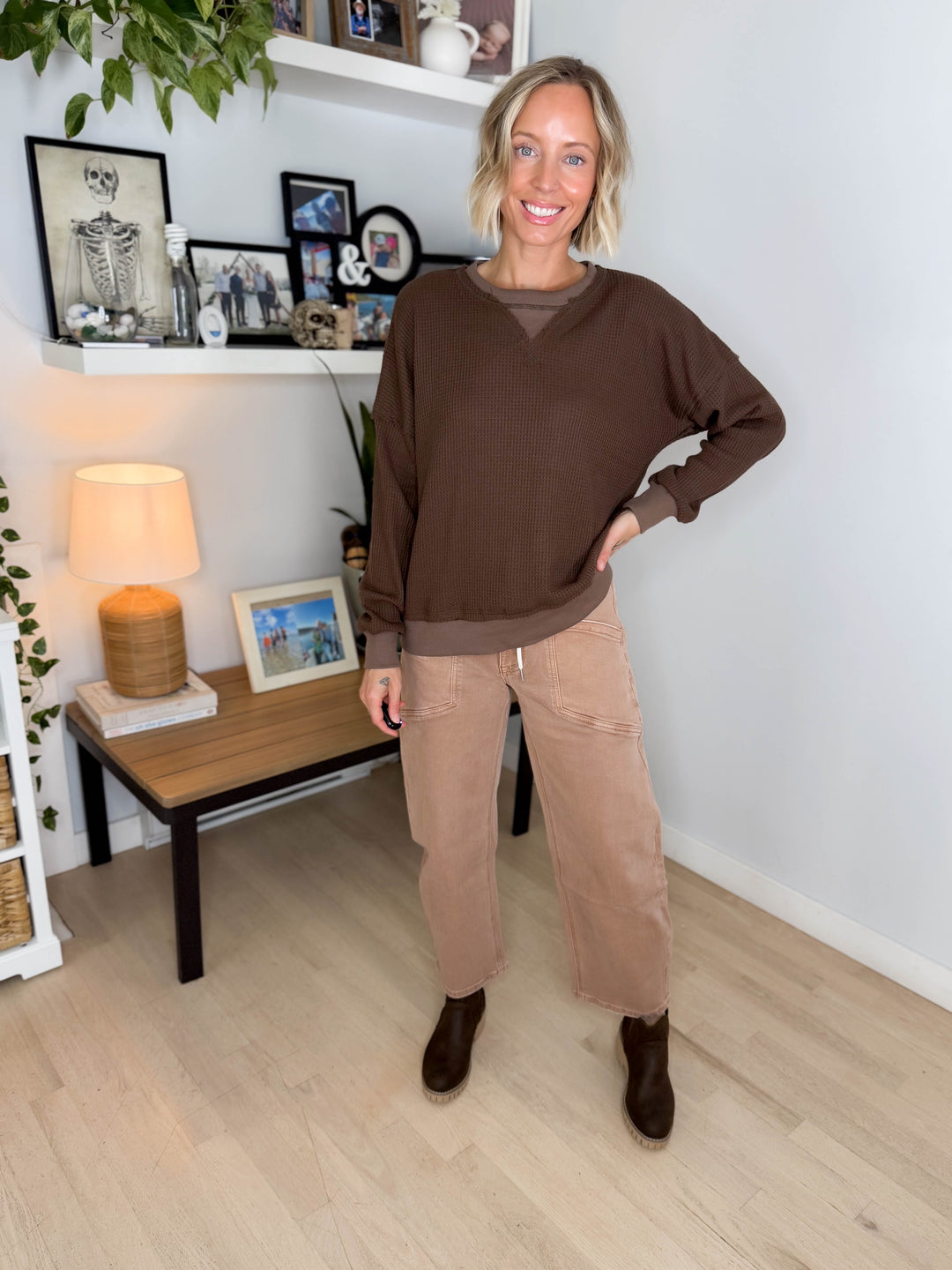 Flurry Raw Edge Long Sleeve Thermal Crew Neck- BROWN