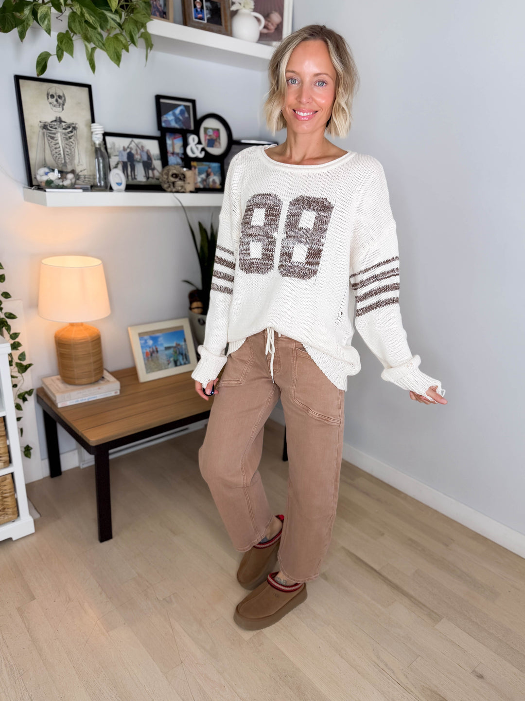 Dacey Distressed Varsity Knit Sweater- WHITE SWAN