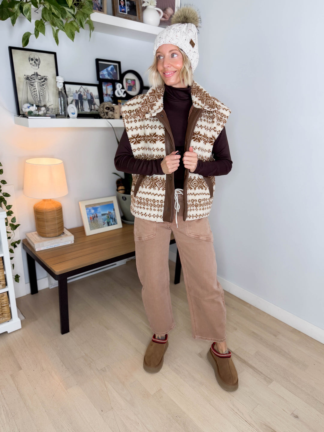 Celeste Oversized Sherpa Button Down Vest- CAMEL