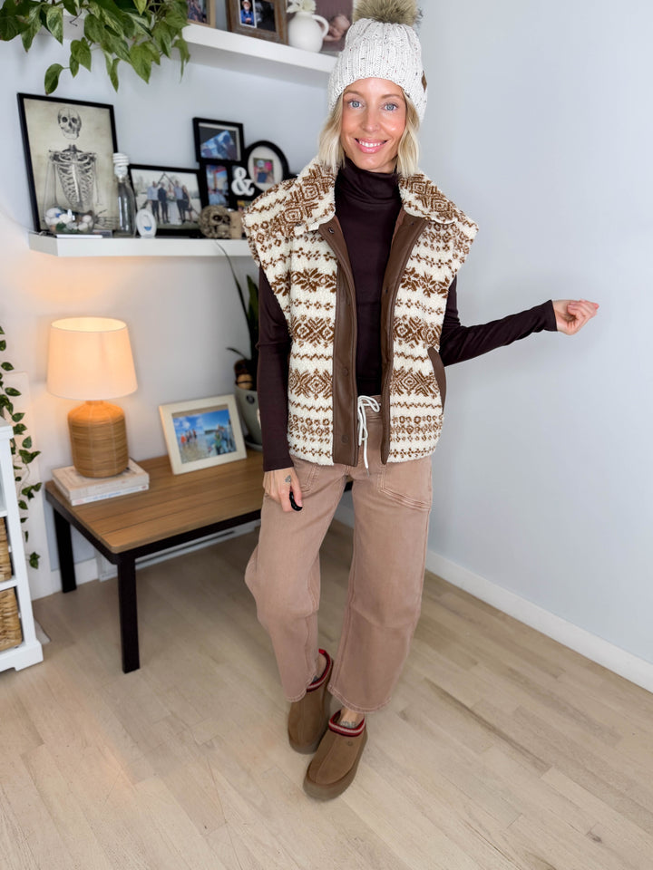 Celeste Oversized Sherpa Button Down Vest- CAMEL