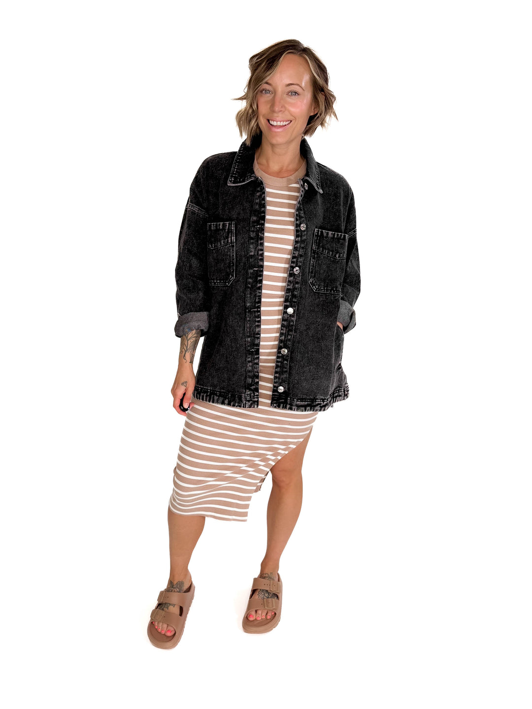 Nikki Button Down Denim Jacket- WASHED BLACK