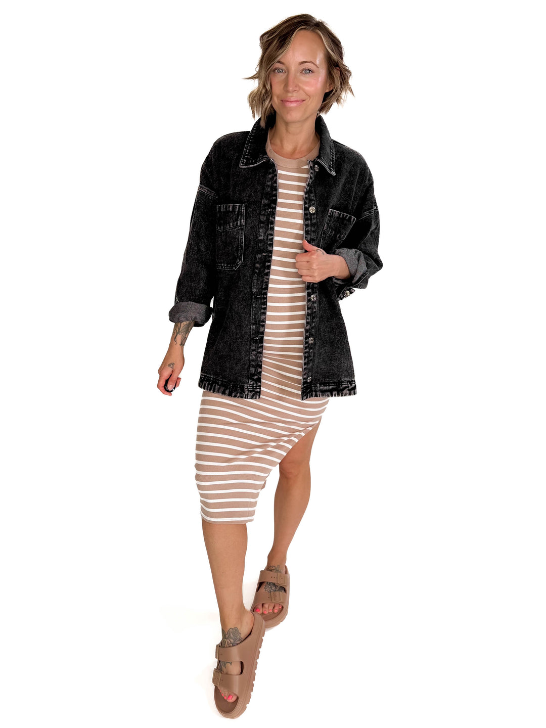 Nikki Button Down Denim Jacket- WASHED BLACK