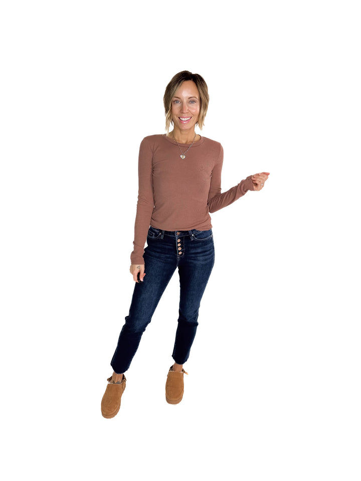 Beth Ribbed  Long Sleeve- RED BEAN