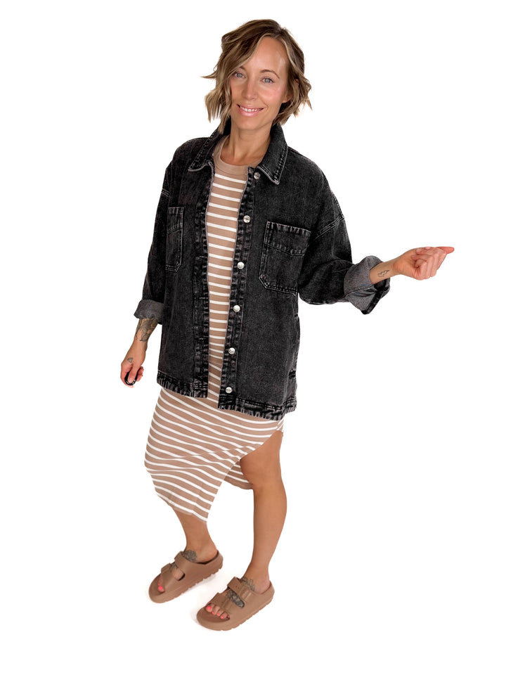 Nikki Button Down Denim Jacket- WASHED BLACK