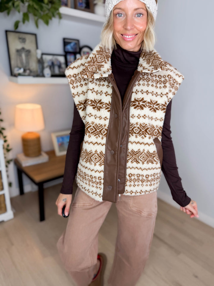 Celeste Oversized Sherpa Button Down Vest- CAMEL