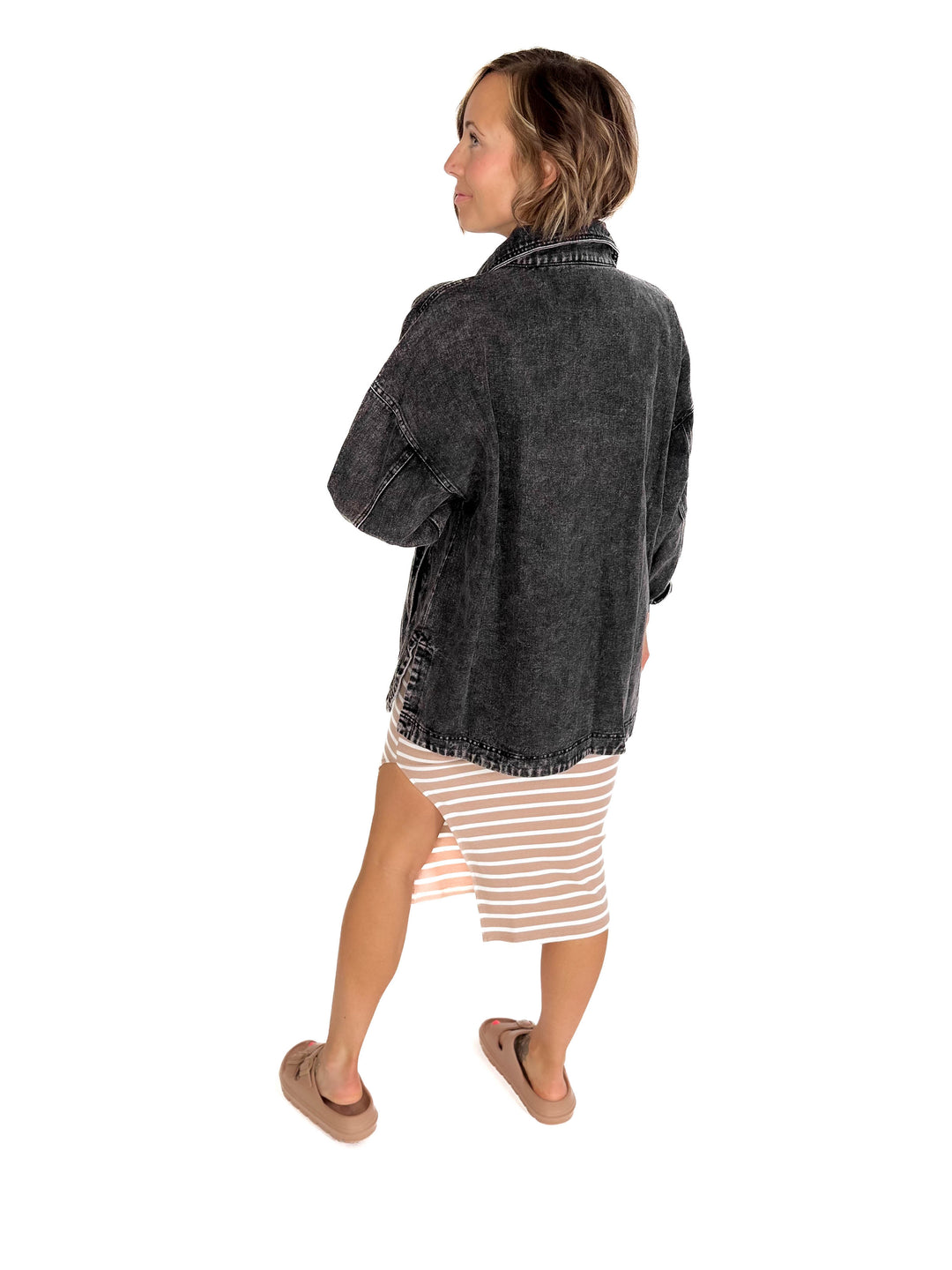 Nikki Button Down Denim Jacket- WASHED BLACK