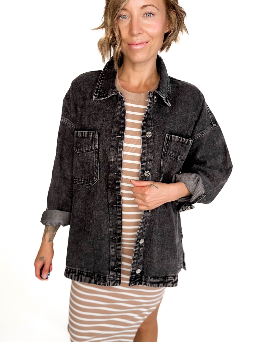Nikki Button Down Denim Jacket- WASHED BLACK